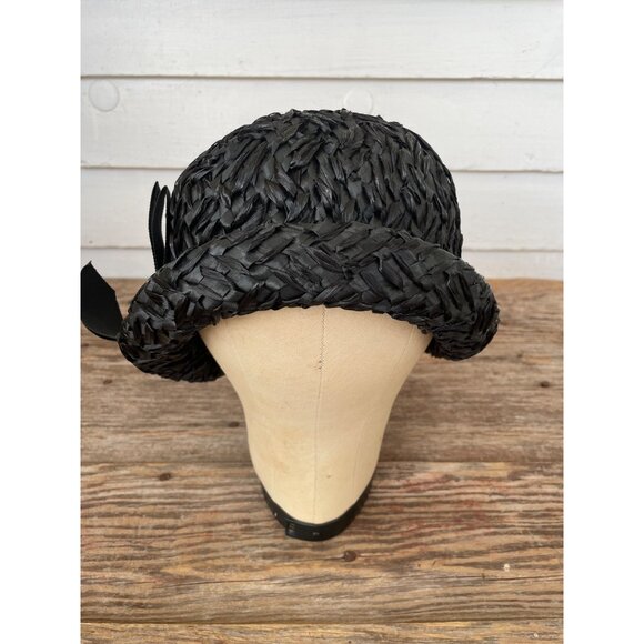 Vintage 1960s Black Raffia Straw Raffia Cloche' Womens Hat MOD - Picture 12 of 13